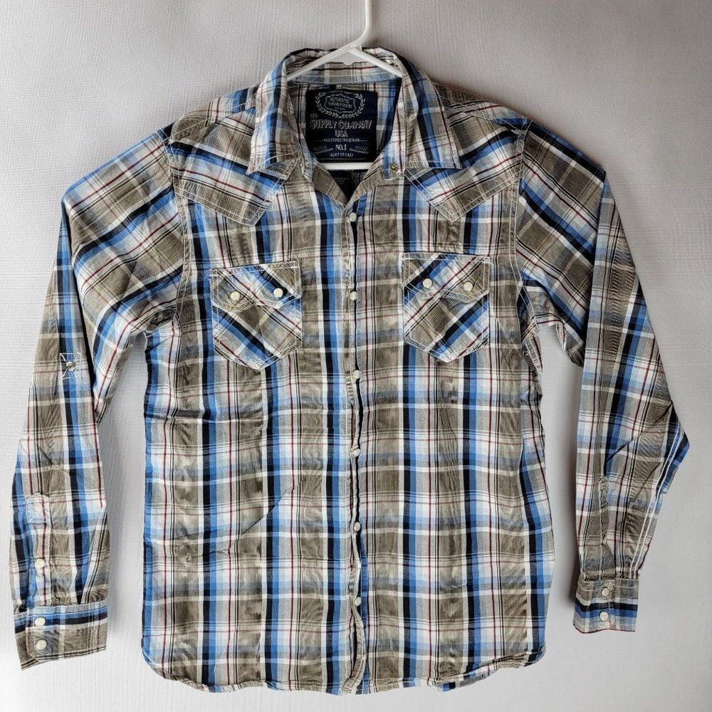 GPH Supply Company Mens Medium Brown Blue Plaid Pearl Snap Western LS Shirt